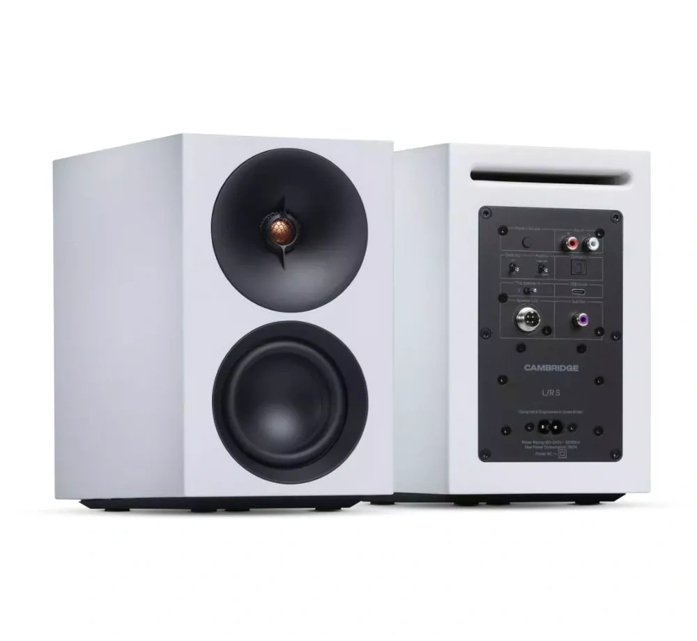 Cambridge Audio L/R S + gramofon Spira Biały – widok kolumny z tylnym panelem i wejściami