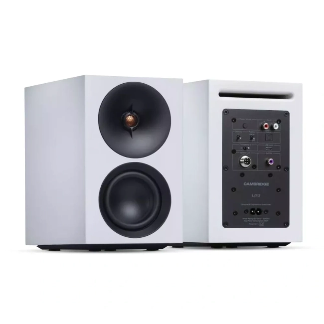 Cambridge Audio L/R S + gramofon Spira Biały – widok kolumny z tylnym panelem i wejściami