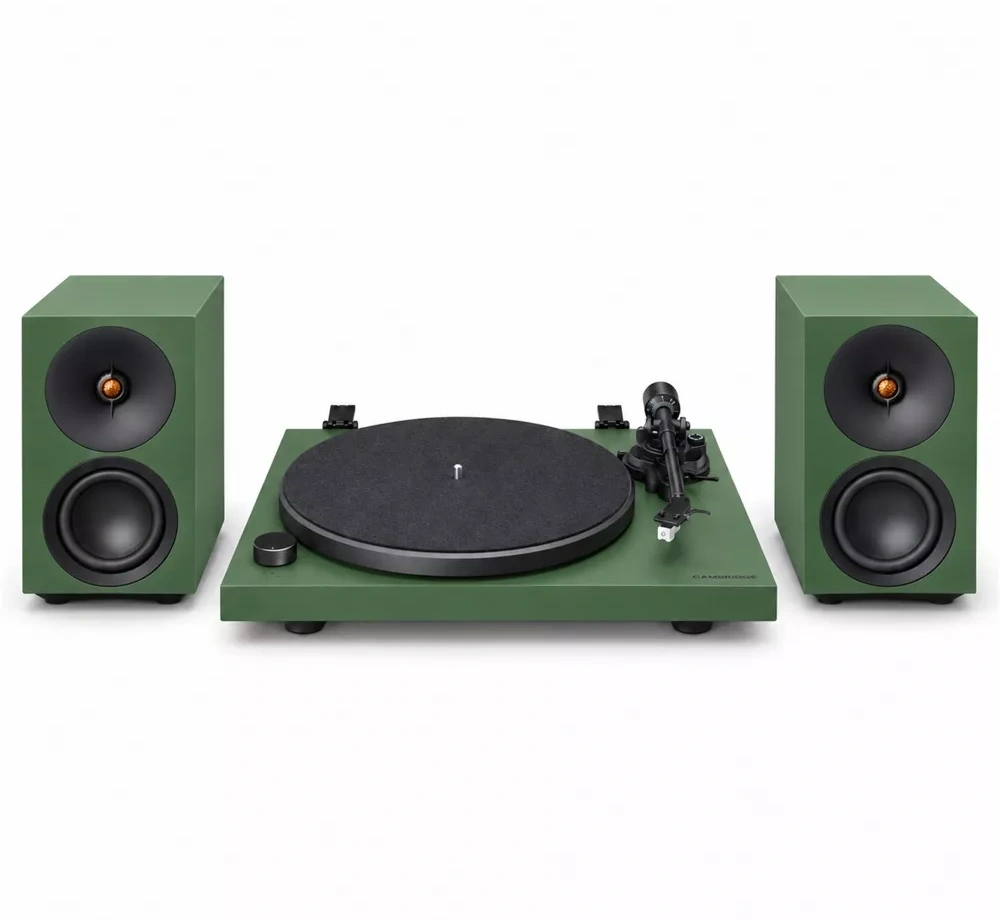 Cambridge Audio L/R S + gramofon Spira Zielony – komplet: gramofon i para głośników widok z przodu