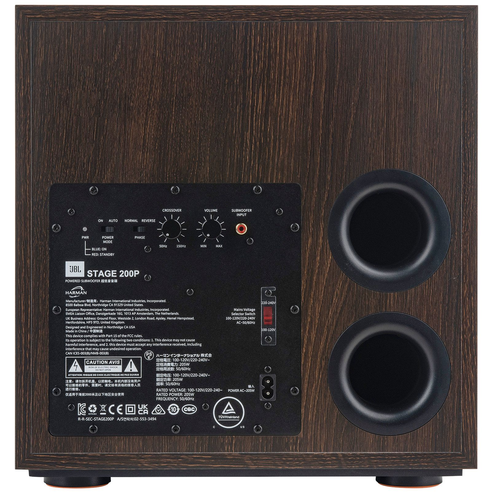 JBL Stage 2 200P espresso - subwoofer – jBL Stage 2 200P espresso – subwoofer, tylny panel z regulatorami