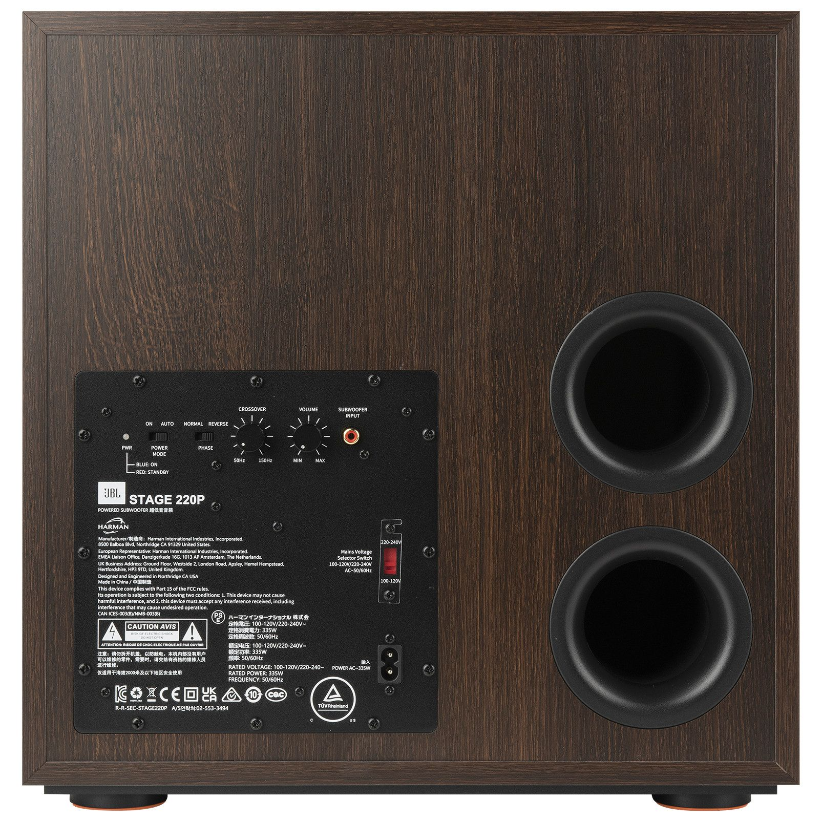 JBL Stage 2 220P espresso - subwoofer – jBL Stage 2 220P espresso – subwoofer, tylny panel z regulatorami