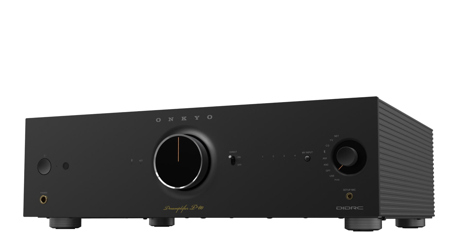Onkyo Icon P-80 przedwzmacniacz, czarny – ujęcie z boku i przodu obudowy