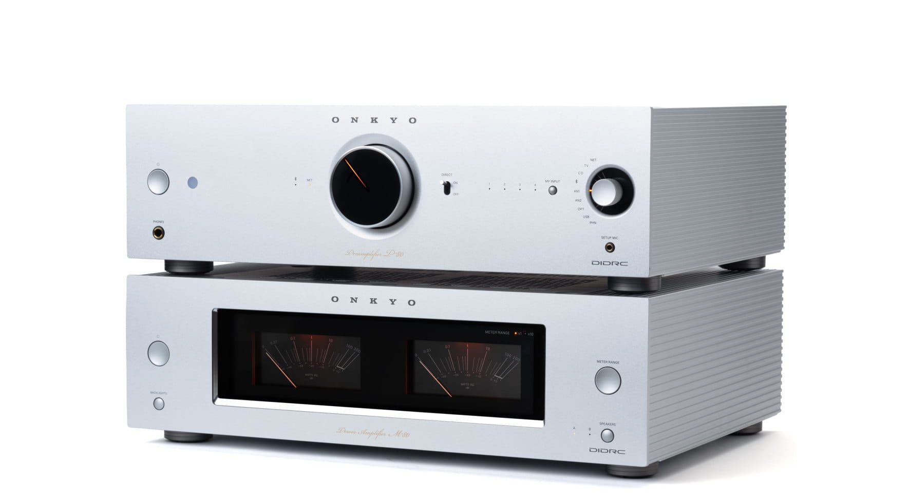 Onkyo Icon P-80 srebrny przedwzmacniacz z modułem M-80, ujęcie z przodu