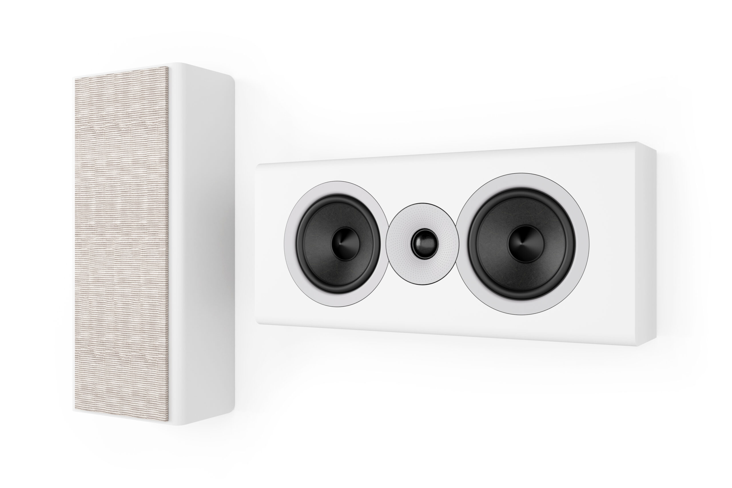 Acoustic Energy AE307.2 Biały – zbliżenie na przednią sekcję głośników i boczną maskownicę