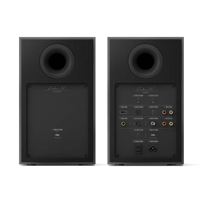 KEF CODA W Dark Titanium - kolumny aktywne – kEF CODA W Dark Titanium – tył pary kolumn z portami